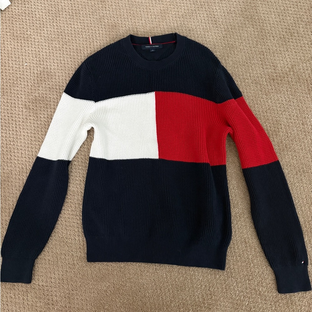Tommy Hilfiger Men's Red, White, and Black Crewneck Sweater
